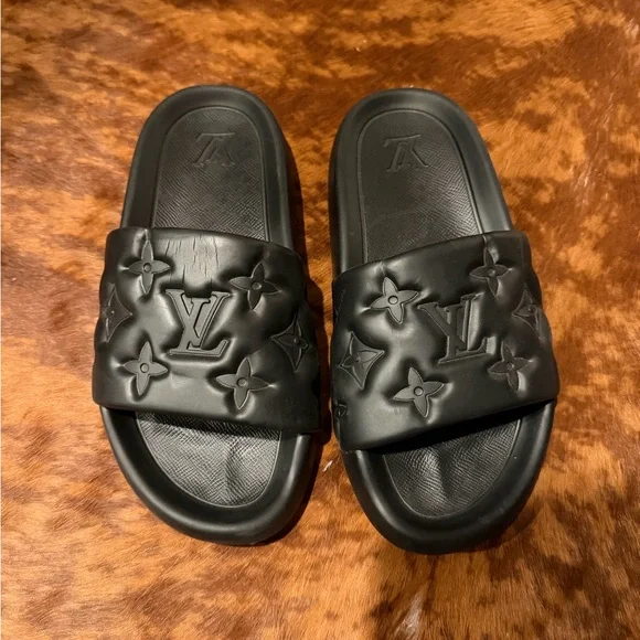 Louis Vuitton | Shoes | Louis Vuitton Black Embossed Slides  display picture 1